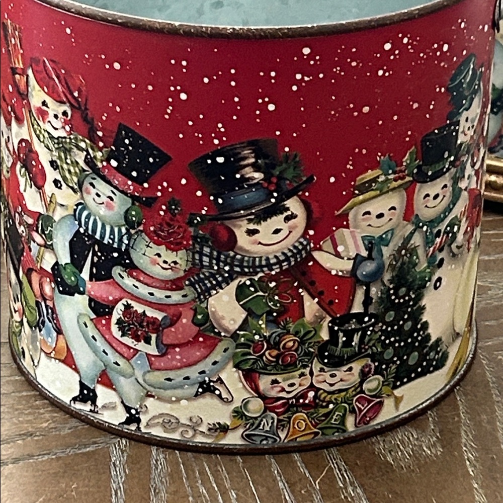 NEW! Vintage Inspired Retro Winter Snowman Metal Christmas Holiday Bucket Basket - Picture 2 of 6